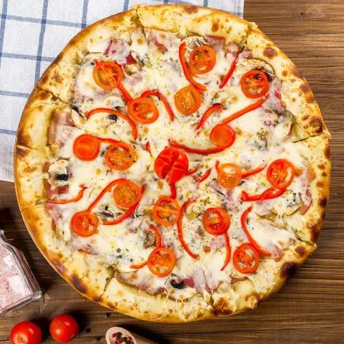 Crunchy Thick Scrumptious Sausage Pizza with red bell peppers and sliced tomatoes.