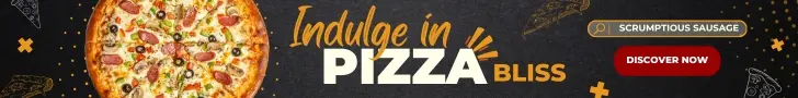 Scrumptious Sausage full pizza banner featuring a mouthwatering pizza topped with a variety of savory ingredients