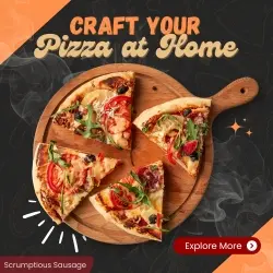 Scrumptious Sausage sliced pizza featuring a close-up of deliciously topped pizza slices with a link to craft your pizza at home and explore the yummy recipe